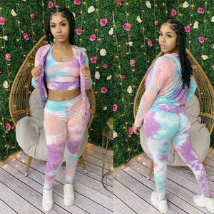 Tie Dye 3 piece Sport set-Pink/Purple