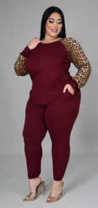 Leopard Pant Set-Burgundy